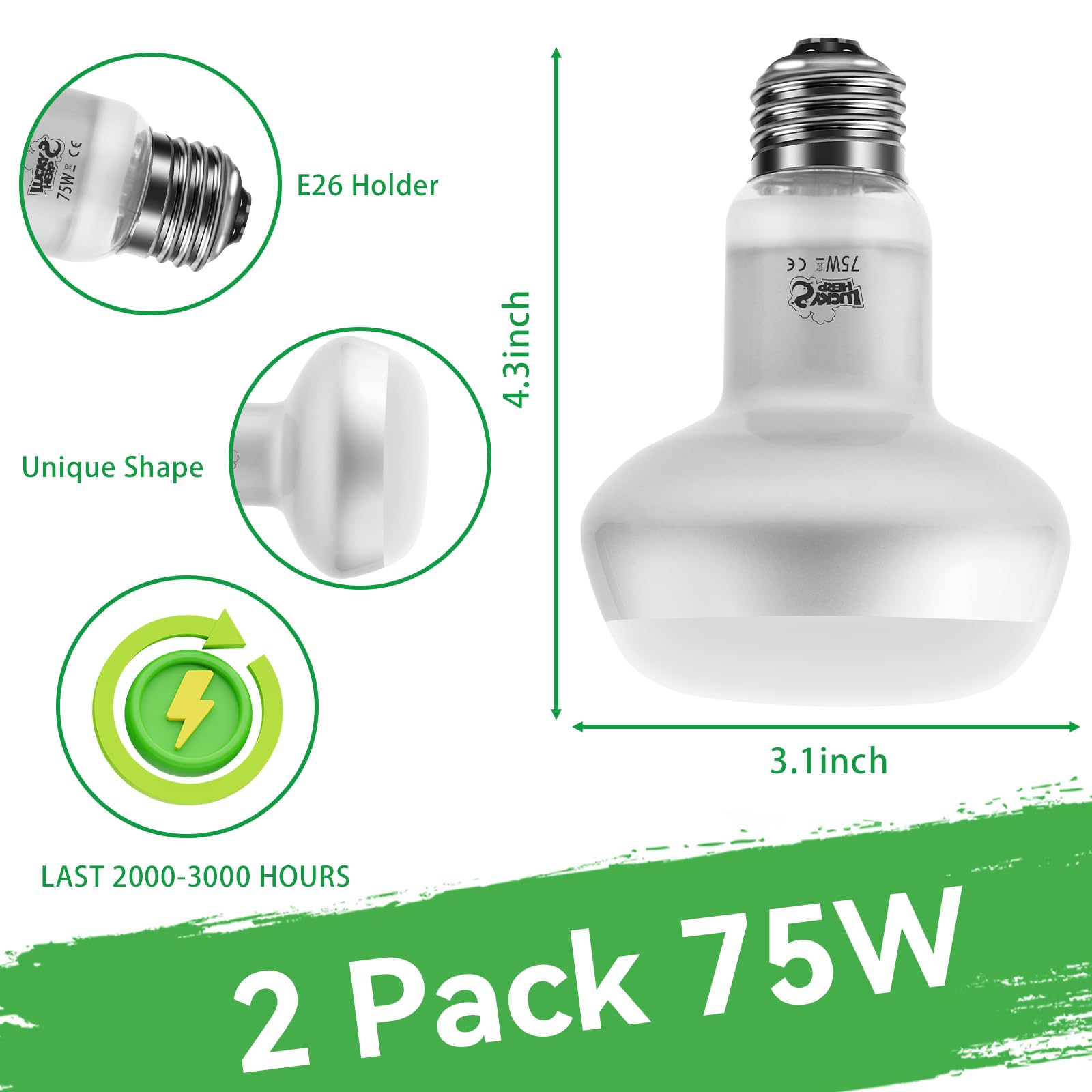 LUCKY HERP Intense Heat Lamp Bulbs for Reptiles 75W 2 Pack, UVA Daylight Reptile Heat Lamp, Reptile Basking Heat Light Bulb for